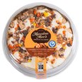 Marvelous Moo&rsquo;s Caramel Nut Fudge Crunch ice cream cake with caramel swirl, chocolate fudge, and crunchy toppings in clear lid.